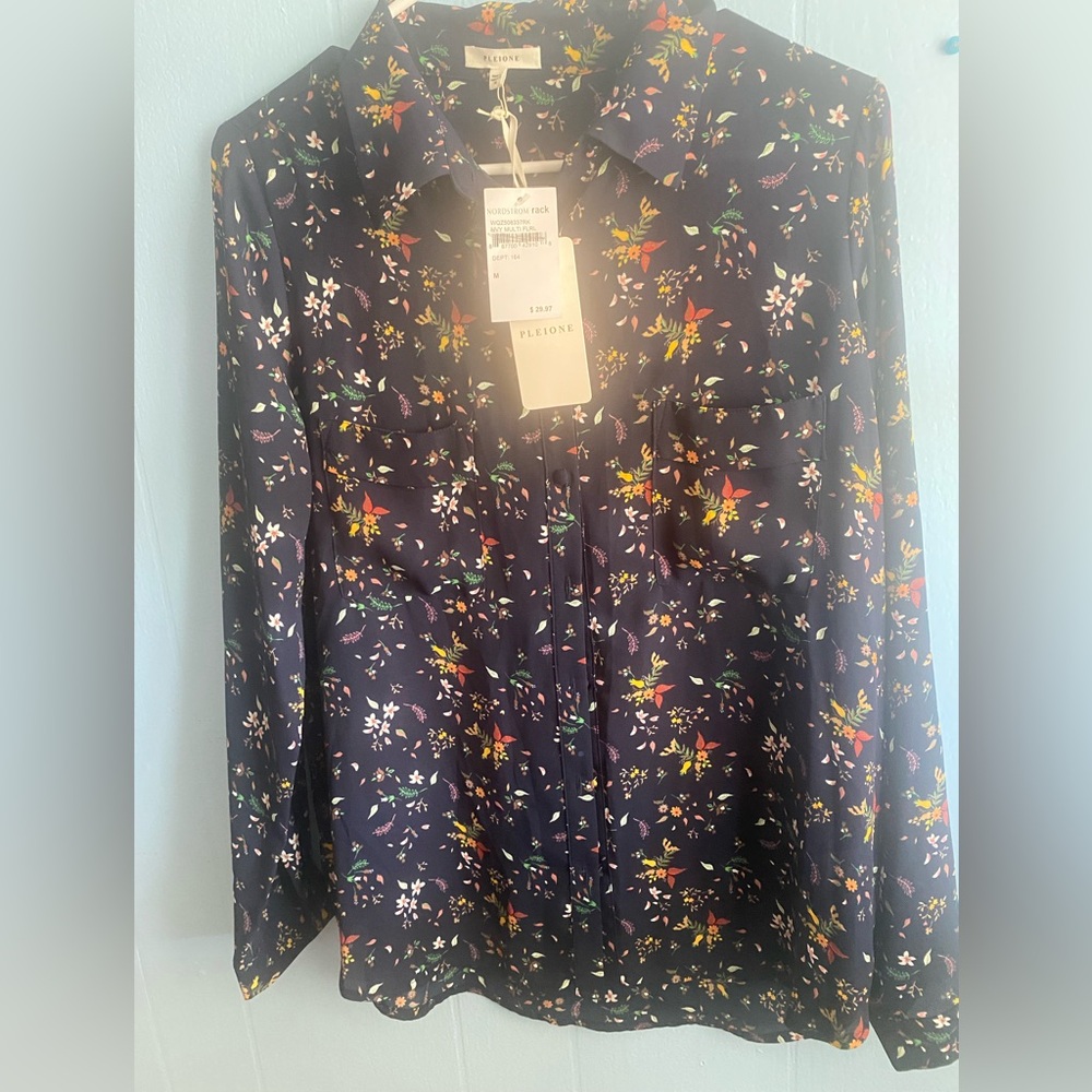 Nordstrom Pleione Navy Floral Button-Down Shirt with Multicolor Print